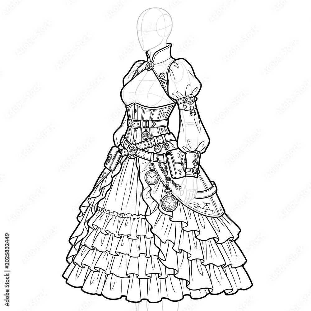 Fototapeta premium Hand drawn sketch of steampunk time mage dress side isolated on white. Anime style.