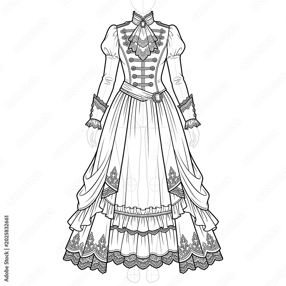 Fototapeta premium Technical line art of Elegant Gothic Aristocrat dress front view.