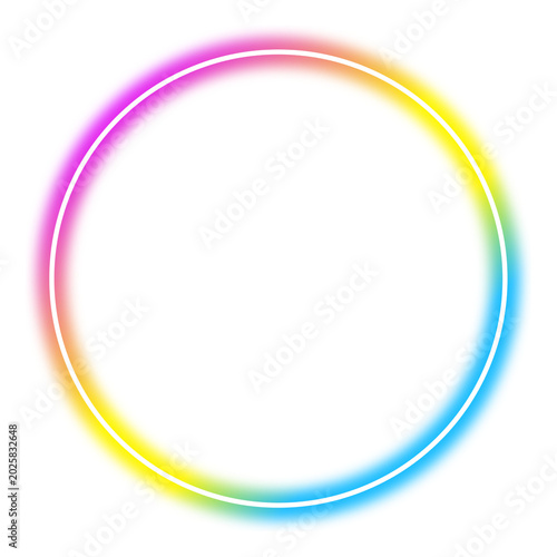Colorful neon glowing circle frame on transparent background.