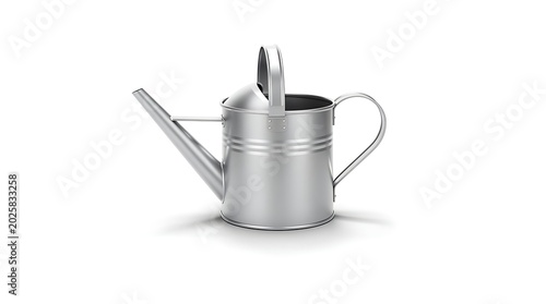 Silver metal watering can with long spout and handle