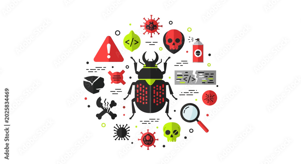 Fototapeta premium Cybersecurity and Software Bug Illustration with Malware, Virus, and Hacking Icons