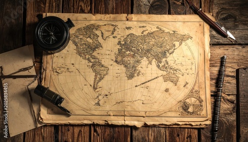 A vintage brass compass rests on an antique pirate treasure map and grunge parchment paper with a retro telescope, wooden gun, and war ammunition isolated on a blank brown manuscript