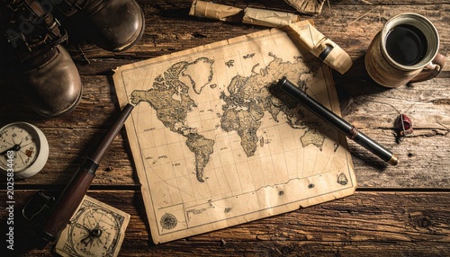 A vintage brass compass rests on an antique pirate treasure map and grunge parchment paper with a retro telescope, wooden gun, and war ammunition isolated on a blank brown manuscript