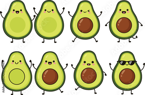Cute avocado cartoon vector illustration set featuring funny healthy fruit characters with happy emotions isolated kawaii food collection