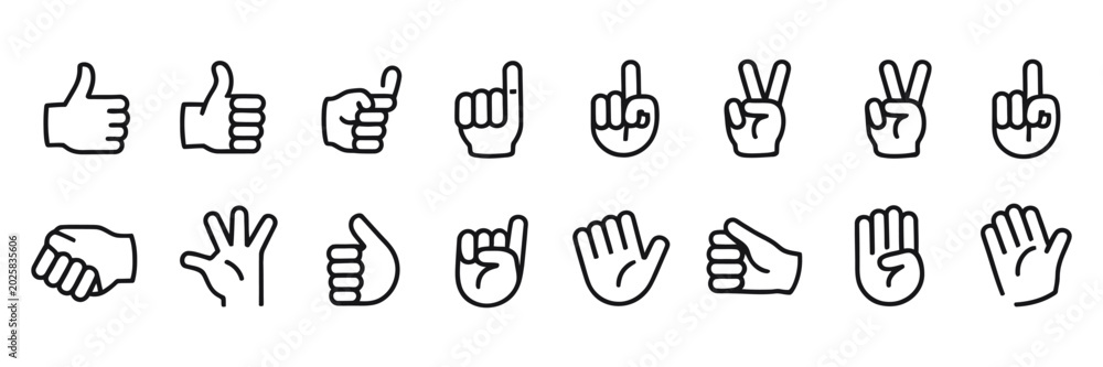 Fototapeta premium Hand gestures icon set, including handshake, clapping hands, horns gesture, thumbs up, middle finger