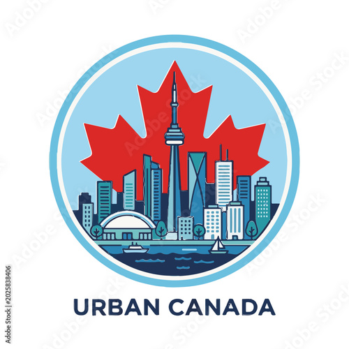 A circular graphic depicting a Canadian cityscape with a large red maple leaf in the background. The city skyline features various modern buildings and a prominent tower.