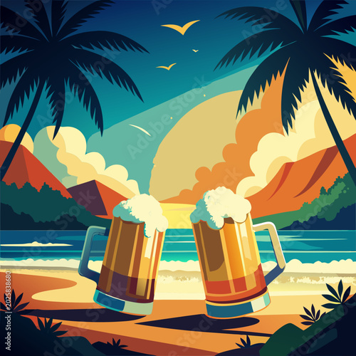 Billede på lærred Tropical beach, cold beers, sunset, palm trees, summer vacation