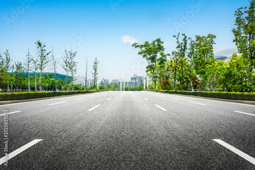 Captivating View of a Serene Urban Roadway Surrounded by Lush Greenery