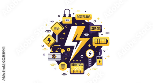 Power Surge Protection and Electrical Safety Vector Illustration with Lightning Bolt and Battery Icons