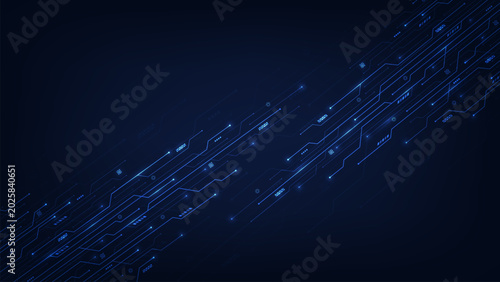 Quadro su tela Futuristic technology background with circuit wires on dark blue motherboard