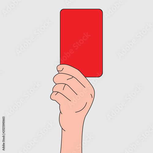 Foto A simple cartoon-style vector illustration of a human hand holding a solid red card against a grey background, symbolizing a penalty, ejection, or warning in sports
