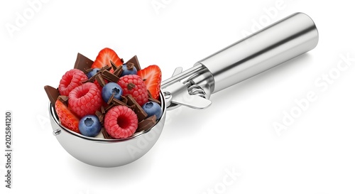 Stainless Steel Ice Cream Scoop Filled with Fresh Berries and Raspberries.