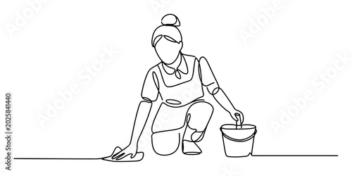Woman cleaning floor with cloth and bucket, single line art drawing
