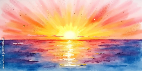 Принти на полотні Watercolor sunset over the ocean with vibrant pink and orange sunrays