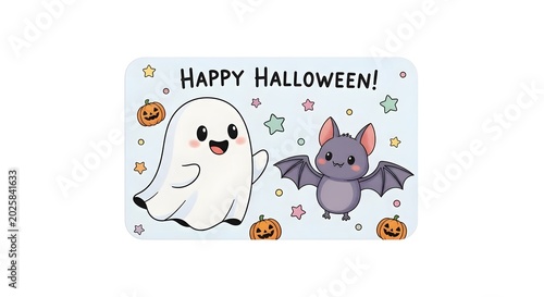Cute Halloween Ghost and Bat Cartoon Characters Illustration.