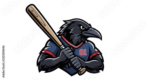 Anthropomorphic Raven Baseball Player Mascot Illustration.