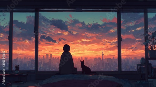 Anime woman and black cat watching dawn break over city skyline from cozy high rise bedroom window, warm soft lighting, wide scenic view, lofi anime art style, 4K animated wallpaper background
