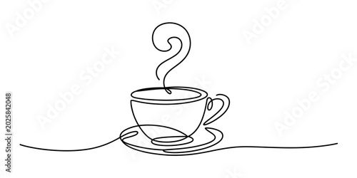 Obraz na płótnie Single line drawing of a steaming coffee cup on a saucer with steam rising