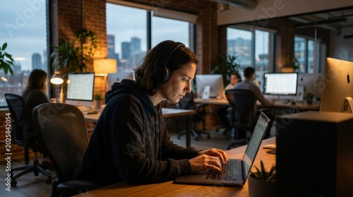 Young professional working on laptop in modern co-working office space with warm lighting