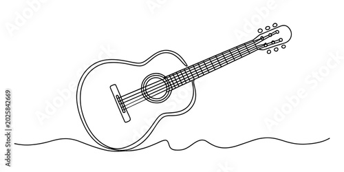 Fotografía Simple line drawing of an acoustic guitar with six strings and tuning pegs, on a