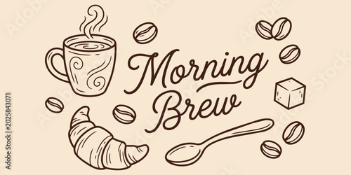 Foto Morning Brew Delight: A charming illustration depicts a steaming mug of coffee, a flaky croissant, sugar cubes, and coffee beans