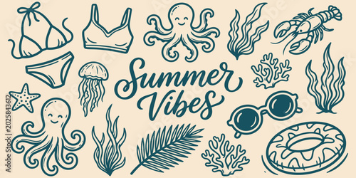 Konstfotografi Summer Vibes Collection: A vibrant collection of hand-drawn illustrations capturing the essence of summer, featuring swimwear, marine life, sunglasses, and floating rings