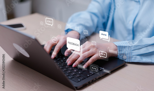 Εκτύπωση καμβά Businesswoman managing customer feedback and satisfaction review, survey rating, positive comments, product quality evaluation and brand reputation management concept