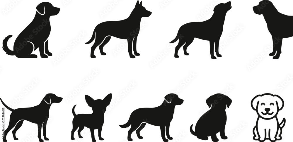 Fototapeta premium Dog breed silhouette and outline collection showing various poses and styles for pet design, logo, and animal illustration concepts