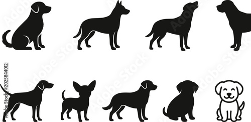 Dog breed silhouette and outline collection showing various poses and styles for pet design, logo, and animal illustration concepts