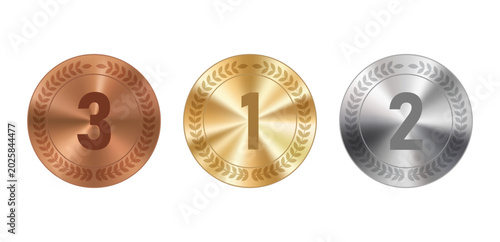 Cuadro en lienzo Gold Silver Bronze Medals with Laurel Wreaths Representing First Second Third Pl