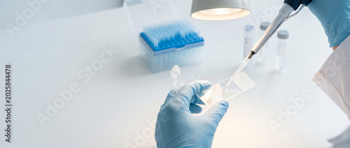 Gloved hands preparing a cell counting slide with lab tools