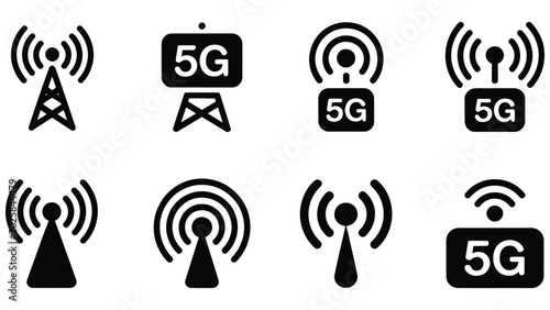Black 5g network icons with signals on white background  technology concept