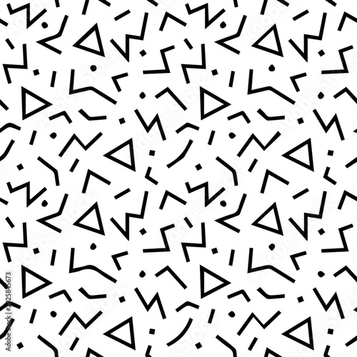 Memphis style vector seamless pattern with black geometric shapes on white background. Abstract retro 80s 90s design.