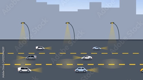 Flat Design Cartoon Night City Highway Traffic Animation with Multiple Cars Street Lights and Urban Skyline — Transportation and Urban Mobility Motion Graphic Loop Template