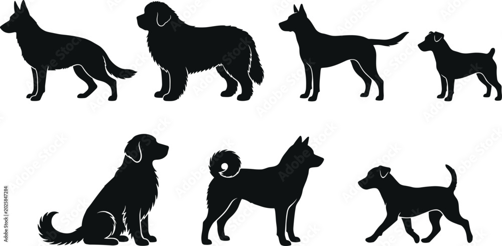 Obraz premium Dog breed silhouette collection featuring various poses and body types for pet design, logo, and animal illustration concepts
