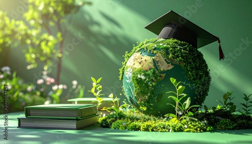 Eco education concept, sustainable learning for a greener planet, earth model with graduation cap, plant growth, environmental education, books, knowledge, and nature green