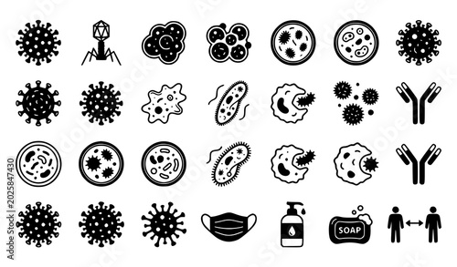 Foto Microbiology icons set viruses bacteria antibodies hygiene social distancing