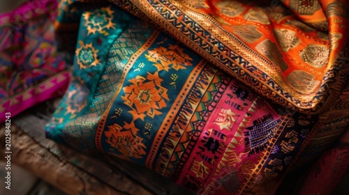 A vibrant ethnic garment is laid flat on a wooden table, with a soft background and focused lighting