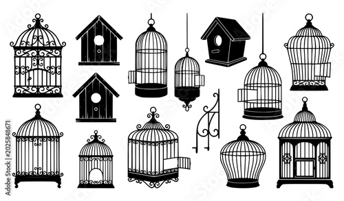 Cuadro en lienzo Vintage birdcages and birdhouses collection black and white vector illustration