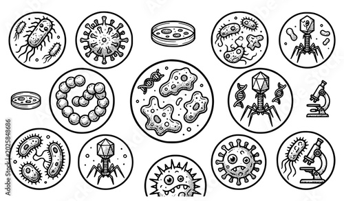 Tableau sur toile Microbiology icons set bacteria viruses cells and laboratory equipment