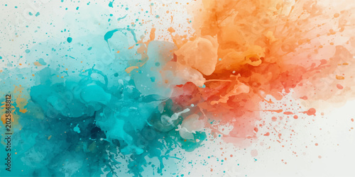 Quadro su tela A dynamic abstract background featuring a vibrant watercolor splash and ink explosion with an energetic blend of turquoise blue and fiery orange splatters across a light texture