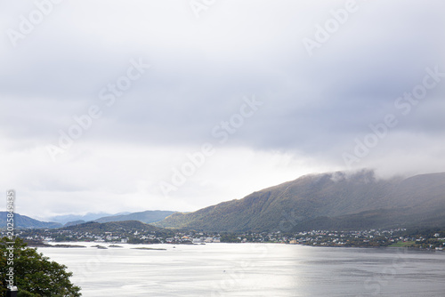 View of a small town among mountains and fjords