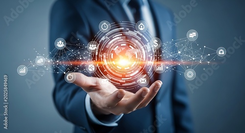 Businessman Holding Digital Technology Network with Icons