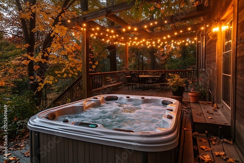 Luxury outdoor hot tub on a wooden deck illuminated by string lights during autumn evening