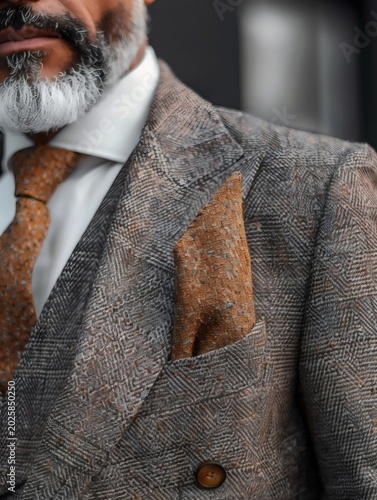 In a close-up shot, the tailoring and fabric texture of the formal attire are clearly visible