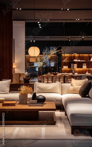 Modern-style furniture is displayed in the exhibition hall, with lighting focused on design details
