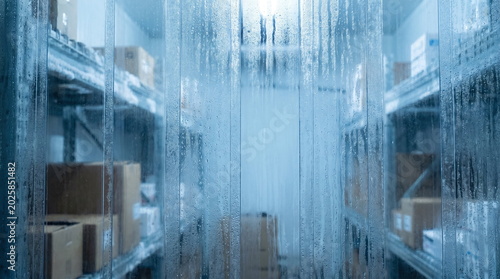 View through condensation covered plastic strip curtains into a commercial cold storage warehouse with cardboard boxes