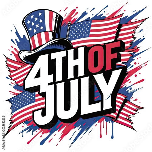 American Independence Day celebration with Uncle Sam hat and US flags during colorful explosion isolated on white background