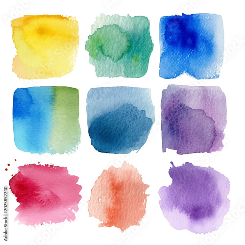 Collection of twelve colorful watercolor brush stroke textures on white background, perfect for design elements, backgrounds, and templates.