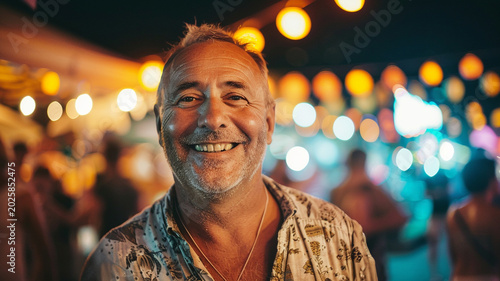 middle aged man at night party on tropical island in Asia, smiling tourist portrait looking at camera, nightlife or outdoor summer festival